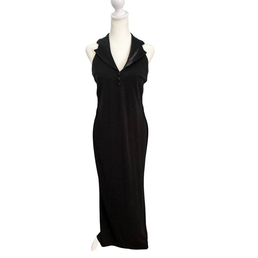 Vintage Y2K Alex Evenings Black Glitter Halter Gown 8P Tuxedo Collar Dress